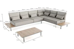 LIVING ZONE Baki Gartenlounge, natur/grau, Edelstahl/Teak, wetterbeständig, rostfrei, verstellbare Rückenlehne, abnehmbare Bezüge
