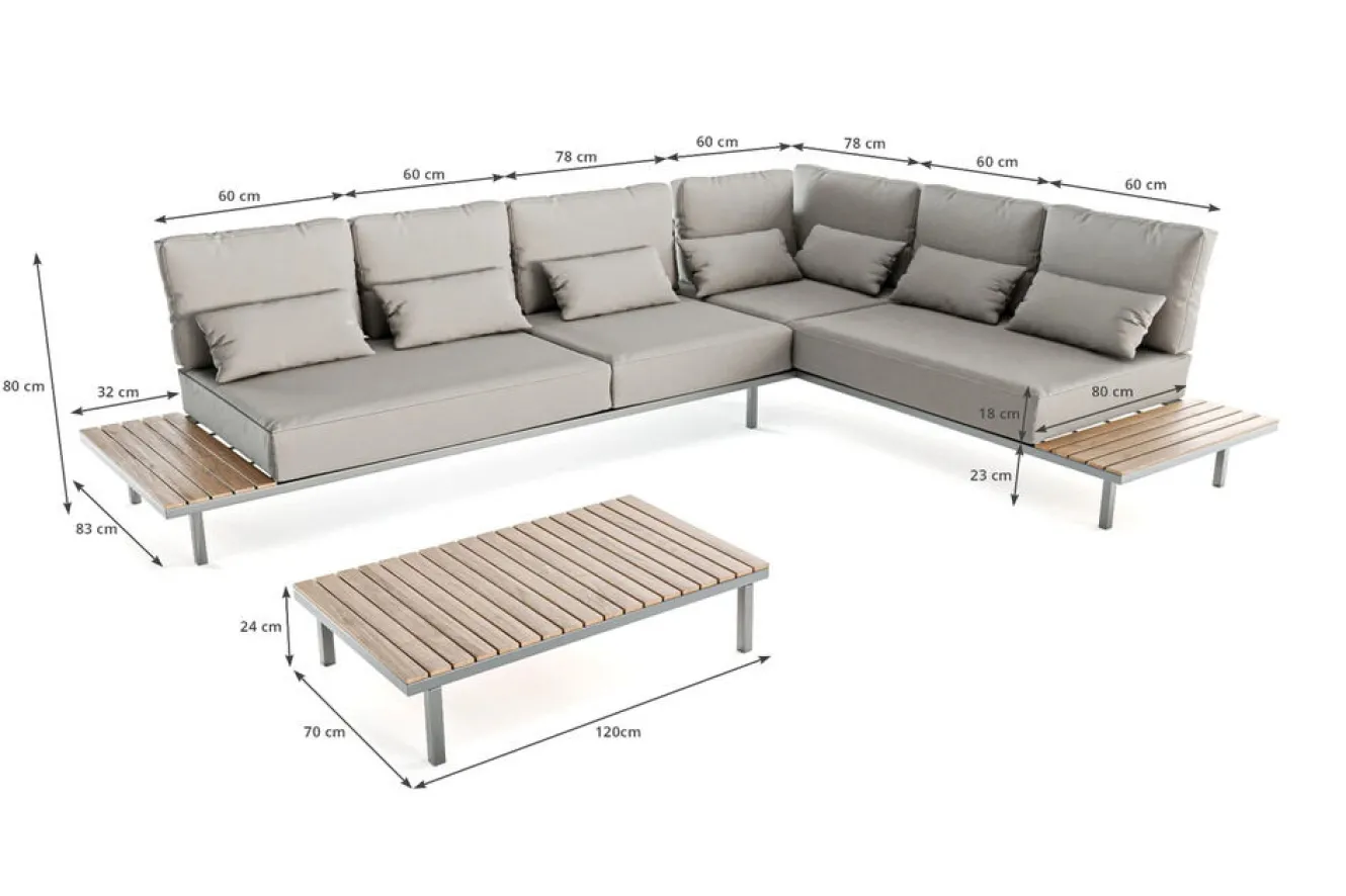 LIVING ZONE Baki Gartenlounge, natur/grau, Edelstahl/Teak, wetterbeständig, rostfrei, verstellbare Rückenlehne, abnehmbare Bezüge