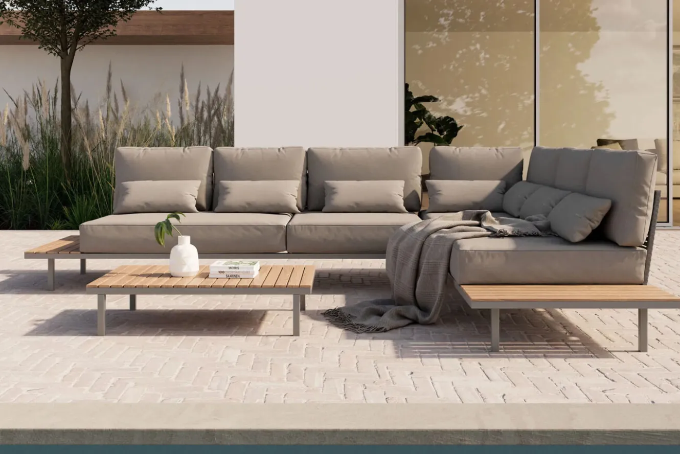 LIVING ZONE Baki Gartenlounge, natur/grau, Edelstahl/Teak, wetterbeständig, rostfrei, verstellbare Rückenlehne, abnehmbare Bezüge