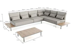 LIVING ZONE Baki Gartenlounge, natur/grau, Edelstahl/Teak, wetterbeständig, rostfrei, verstellbare Rückenlehne, abnehmbare Bezüge