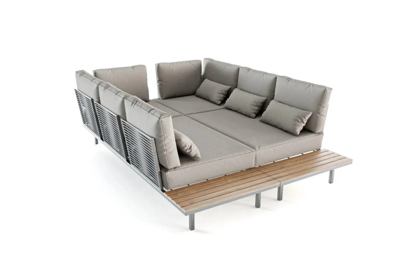 LIVING ZONE Baki Gartenlounge, natur/grau, Edelstahl/Teak, wetterbeständig, rostfrei, verstellbare Rückenlehne, abnehmbare Bezüge