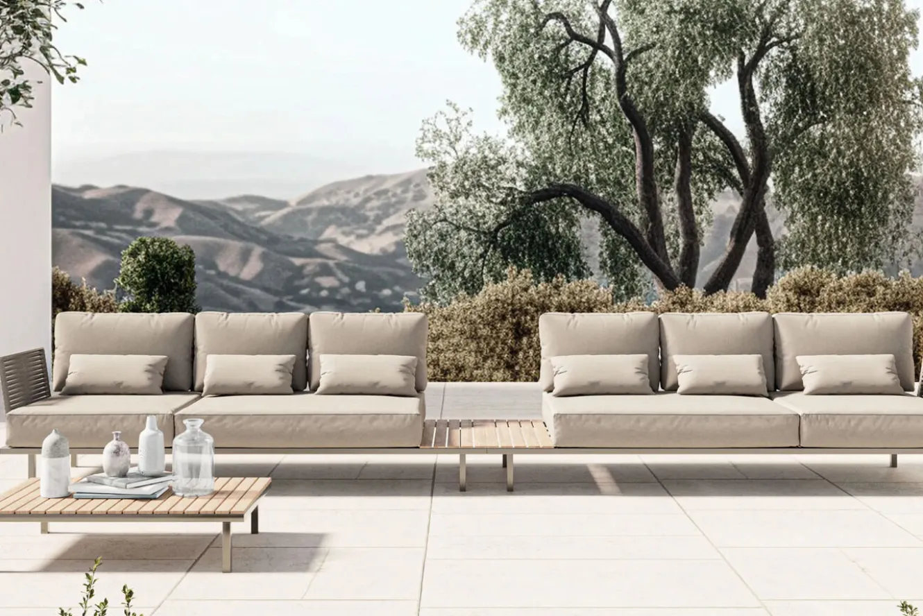 LIVING ZONE Baki Gartenlounge, natur/grau, Edelstahl/Teak, wetterbeständig, rostfrei, verstellbare Rückenlehne, abnehmbare Bezüge