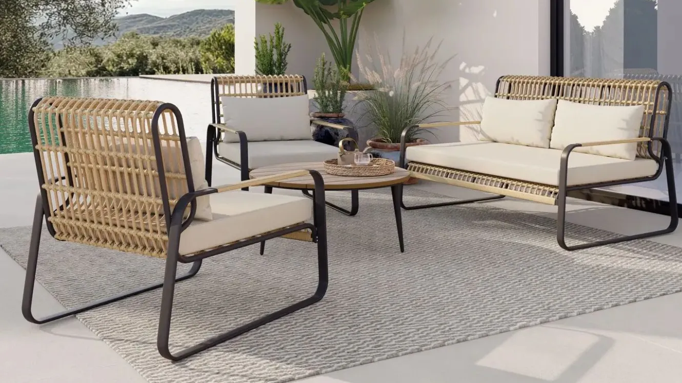 LIVING ZONE Big Lattice Lounge, natur/schwarz, Alu/Polyrattan, inkl. Kissen, schnelltrocknend, wetterbeständig