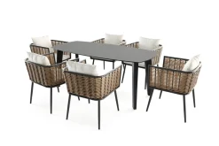 LIVING ZONE Grant Dining 6 Garten-Essgruppe, anthrazit/beige, Alu/Polyrattan, abnehmbare Bezüge, Tischplatte aus Sicherheitsglas