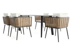 LIVING ZONE Grant Dining 6 Garten-Essgruppe, anthrazit/beige, Alu/Polyrattan, abnehmbare Bezüge, Tischplatte aus Sicherheitsglas