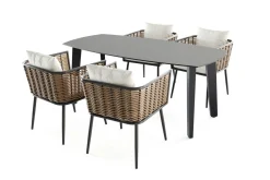 LIVING ZONE Grant Dining Garten-Essgruppe, anthrazit, Alu/Polyrattan, Tischplatte aus ESG-Sicherheitsglas, inkl. Kissen