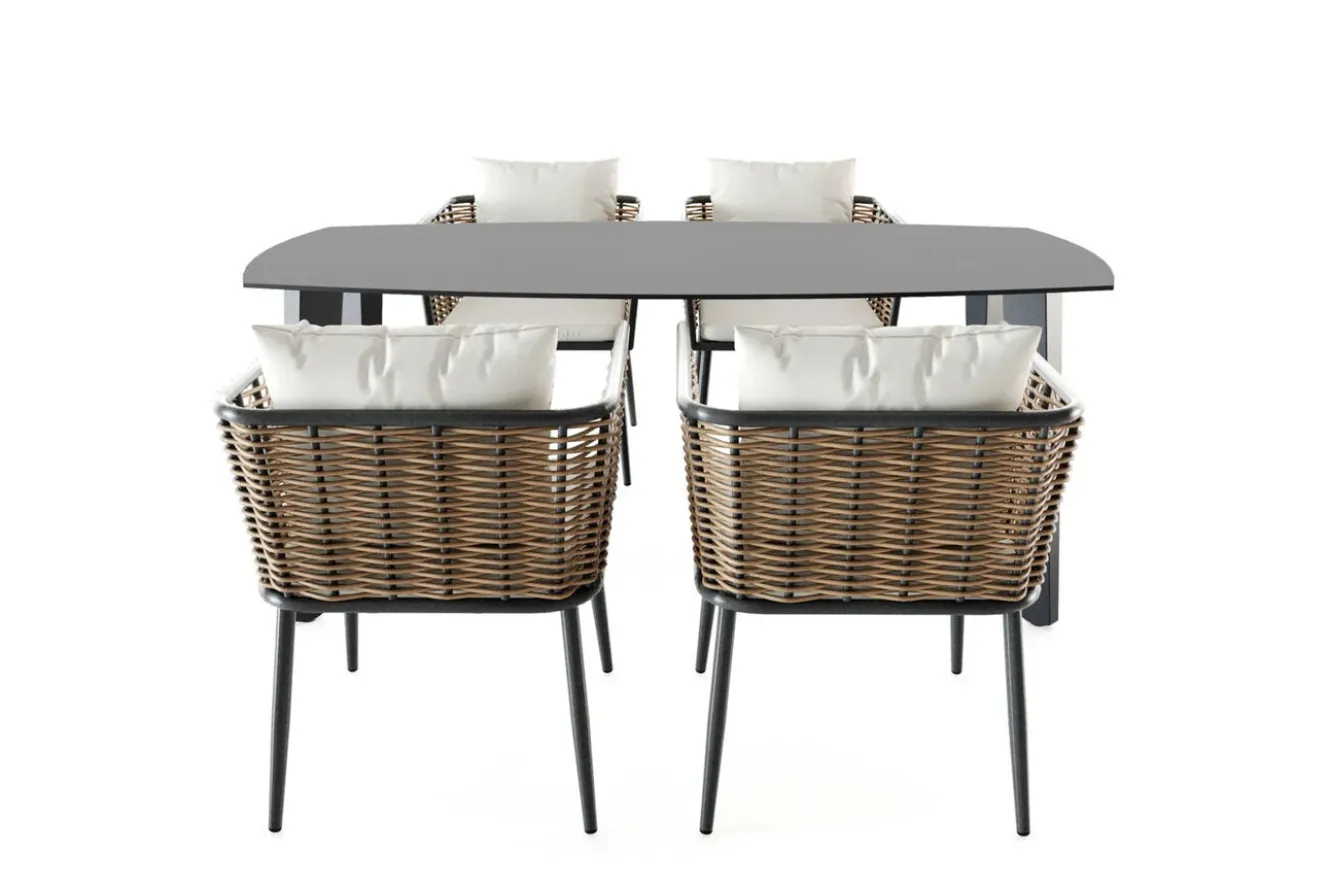 LIVING ZONE Grant Dining Garten-Essgruppe, anthrazit, Alu/Polyrattan, Tischplatte aus ESG-Sicherheitsglas, inkl. Kissen