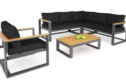 LIVING ZONE Lecoin Gartenlounge, anthrazit, Alu/Teak, pflegeleicht, wetterbeständig, pulverbeschichtet, inkl. Kissen, abnehmbare Bezüge