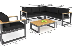 LIVING ZONE Lecoin Gartenlounge, anthrazit, Alu/Teak, pflegeleicht, wetterbeständig, pulverbeschichtet, inkl. Kissen, abnehmbare Bezüge