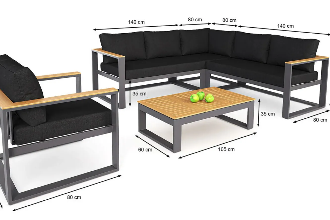 LIVING ZONE Lecoin Gartenlounge, anthrazit, Alu/Teak, pflegeleicht, wetterbeständig, pulverbeschichtet, inkl. Kissen, abnehmbare Bezüge