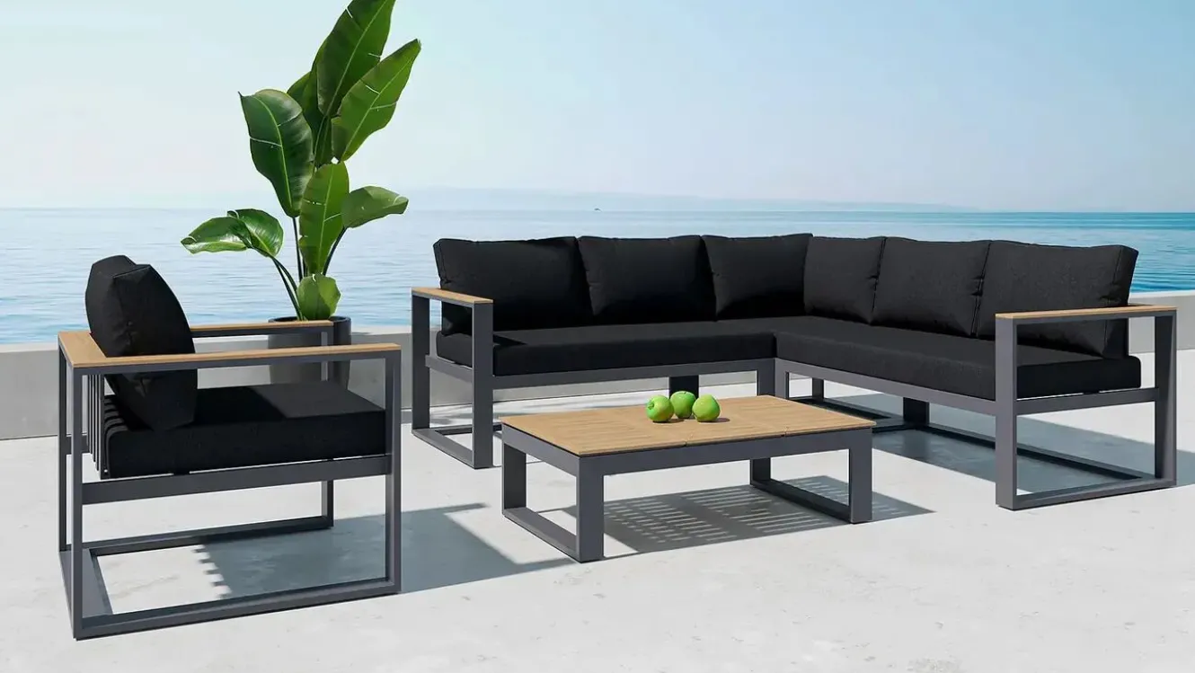 LIVING ZONE Lecoin Gartenlounge, anthrazit, Alu/Teak, pflegeleicht, wetterbeständig, pulverbeschichtet, inkl. Kissen, abnehmbare Bezüge