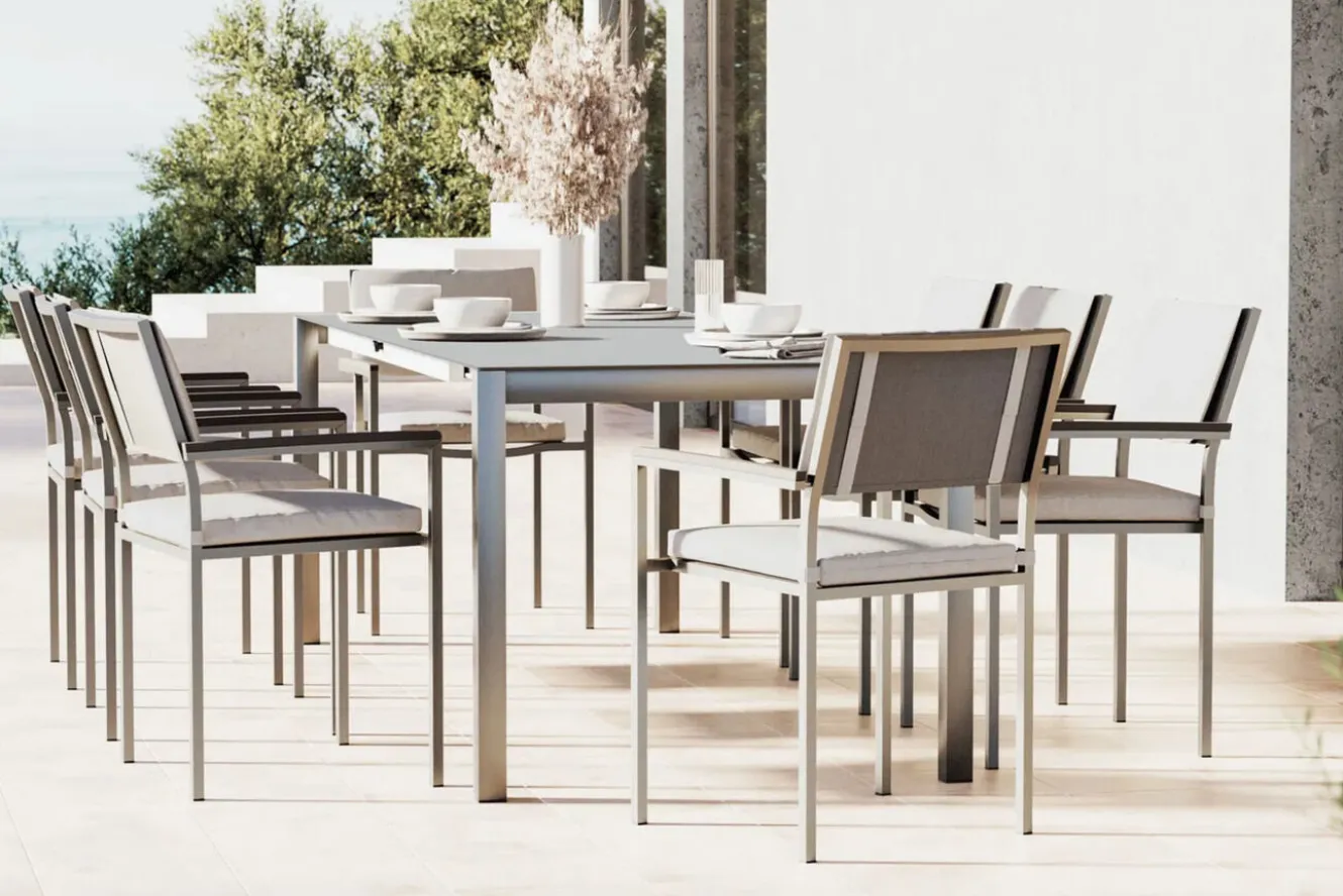 LIVING ZONE Suite Dining 8 Garten-Essgruppe, grau, Edelstahl/Textilene, ausziehbar & stapelbar, witterungsbeständig, inkl. Kissen & Polster