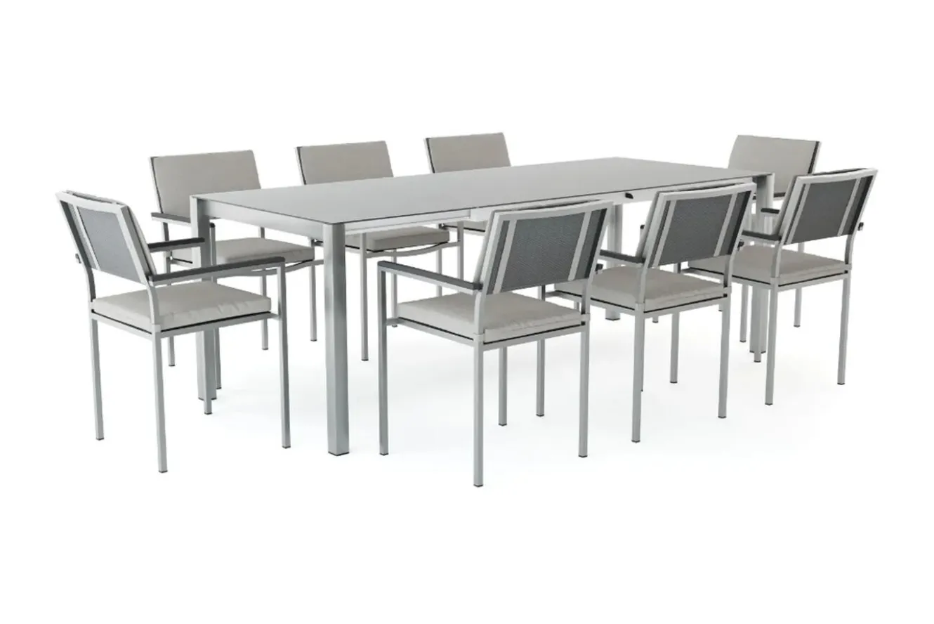 LIVING ZONE Suite Dining 8 Garten-Essgruppe, grau, Edelstahl/Textilene, ausziehbar & stapelbar, witterungsbeständig, inkl. Kissen & Polster
