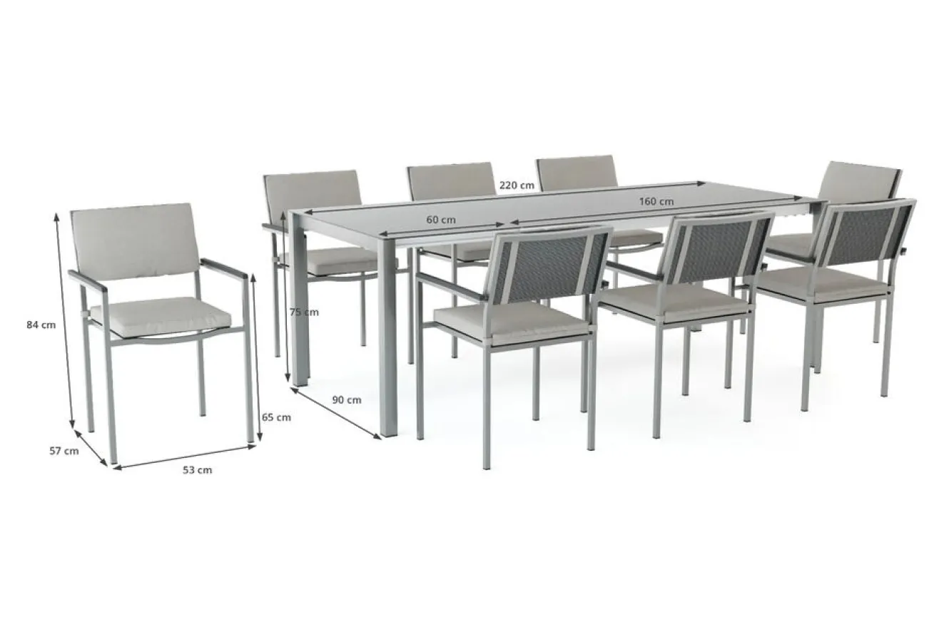 LIVING ZONE Suite Dining 8 Garten-Essgruppe, grau, Edelstahl/Textilene, ausziehbar & stapelbar, witterungsbeständig, inkl. Kissen & Polster