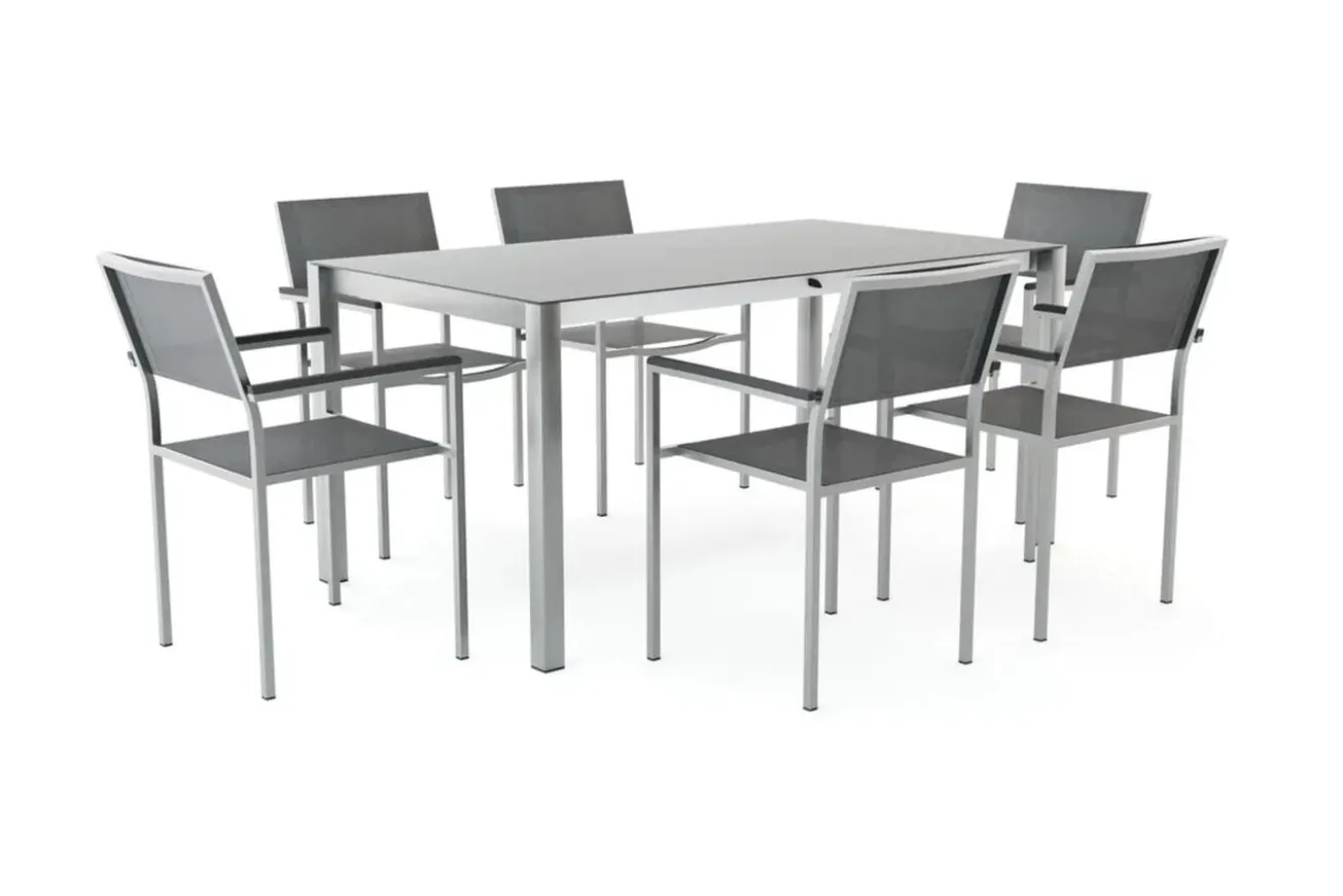 LIVING ZONE Suite Dining 6 Garten-Essgruppe, grau/anthrazit, Edelstahl/Textilene, ausziehbar & stapelbar, wetterbeständig, platzsparend