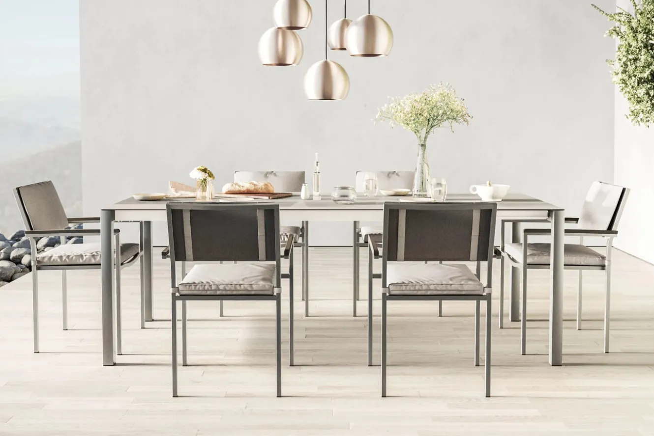LIVING ZONE Suite Dining 6 Garten-Essgruppe, grau/anthrazit, Edelstahl/Textilene, ausziehbar & stapelbar, wetterbeständig, platzsparend