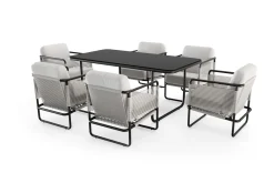 LOOKS by Wolfgang Joop Tempest Garten-Essgruppe mit 6 Sesseln, hellgrau/anthrazit, Alu/Rope-Geflecht, Esstisch 190 x 95 cm mit Glasplatte, pulverbeschichtet, wetterbeständig, modernes Design