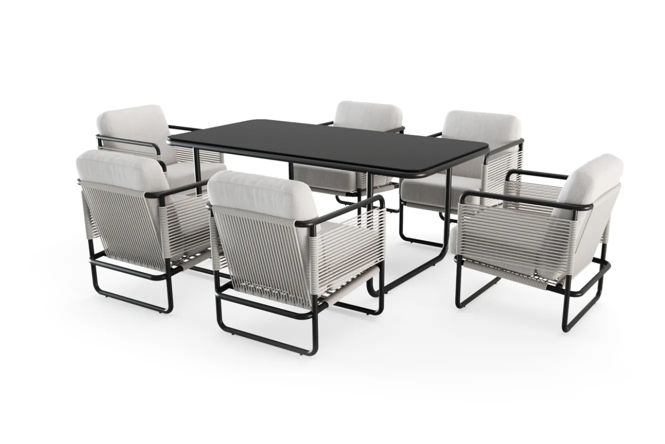 LOOKS by Wolfgang Joop Tempest Garten-Essgruppe mit 6 Sesseln, hellgrau/anthrazit, Alu/Rope-Geflecht, Esstisch 190 x 95 cm mit Glasplatte, pulverbeschichtet, wetterbeständig, modernes Design