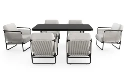 LOOKS by Wolfgang Joop Tempest Garten-Essgruppe mit 6 Sesseln, hellgrau/anthrazit, Alu/Rope-Geflecht, Esstisch 190 x 95 cm mit Glasplatte, pulverbeschichtet, wetterbeständig, modernes Design