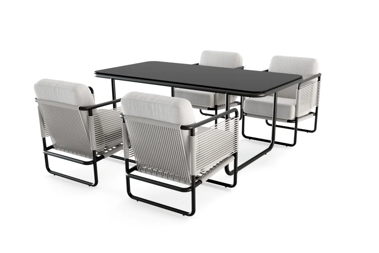 LOOKS by Wolfgang Joop Tempest Garten-Essgruppe mit 4 Sesseln, hellgrau/anthrazit, Alu/Rope-Geflecht, Esstisch 190 x 95 cm mit Glasplatte, pulverbeschichtet, wetterbeständig, modernes Design