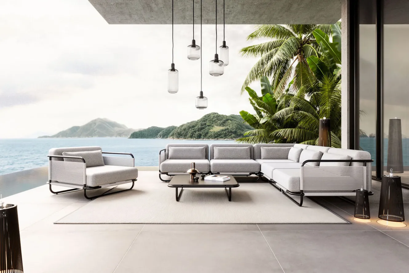 LOOKS by Wolfgang Joop Tempest Gartenlounge L, hellgrau/anthrazit, Alu/Rope-Geflecht, Beistelltisch mit Glasplatte, pulverbeschichtet, wetterfest, modernes Design