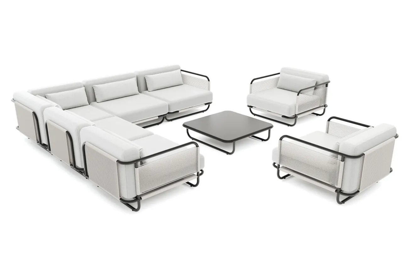 LOOKS by Wolfgang Joop Tempest Gartenlounge XL, hellgrau/anthrazit, Alu/Rope-Geflecht, Beistelltisch mit Glasplatte, pulverbeschichtet, wetterfest, modernes Design