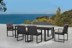 OUTFLEXX Alexander Garten-Essgruppe, mattgrau, Alu/Teak, Ausziehtisch 206/266x100cm, 4 Stühle, 3er Bank, inkl. Polster