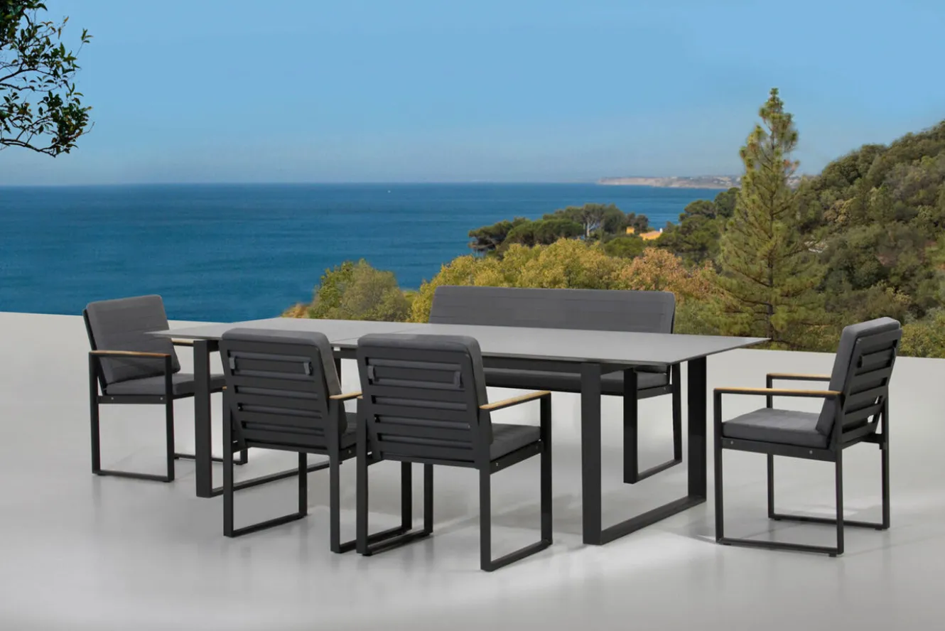 OUTFLEXX Alexander Garten-Essgruppe, mattgrau, Alu/Teak, Ausziehtisch 206/266x100cm, 4 Stühle, 3er Bank, inkl. Polster