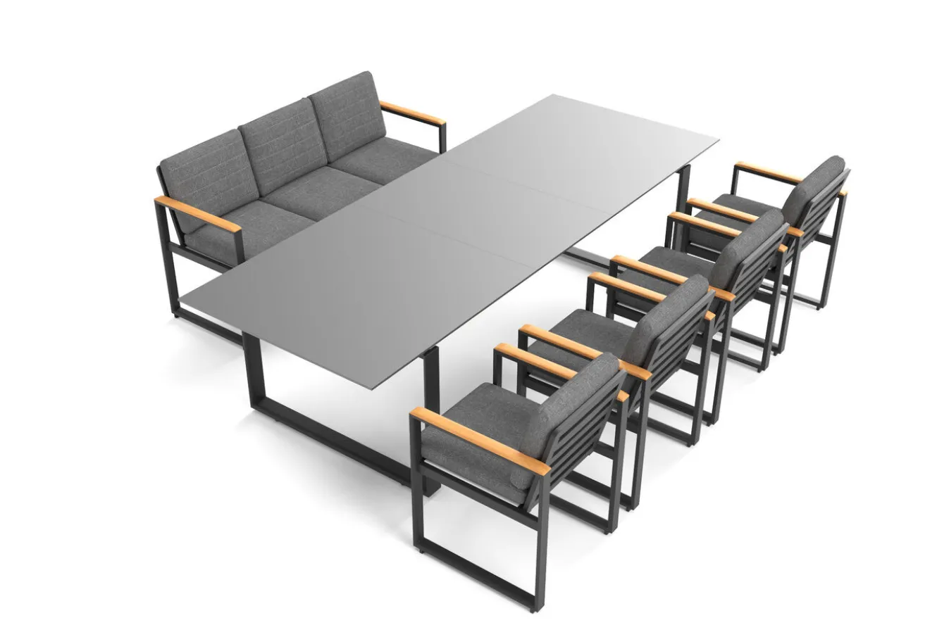 OUTFLEXX Alexander Garten-Essgruppe, mattgrau, Alu/Teak, Ausziehtisch 206/266x100cm, 4 Stühle, 3er Bank, inkl. Polster