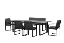 OUTFLEXX Alexander Garten-Essgruppe, mattgrau, Alu/Teak, Ausziehtisch 206/266x100cm, 4 Stühle, 3er Bank, inkl. Polster