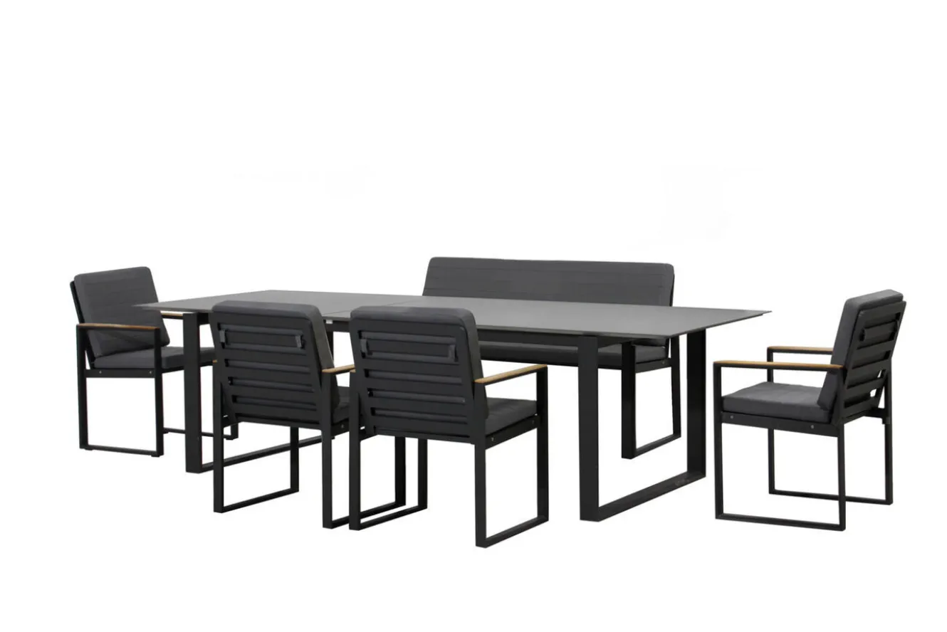 OUTFLEXX Alexander Garten-Essgruppe, mattgrau, Alu/Teak, Ausziehtisch 206/266x100cm, 4 Stühle, 3er Bank, inkl. Polster