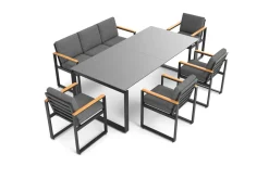 OUTFLEXX Alexander Garten-Essgruppe, mattgrau, Alu/Teak, Ausziehtisch 206/266x100cm, 4 Stühle, 3er Bank, inkl. Polster