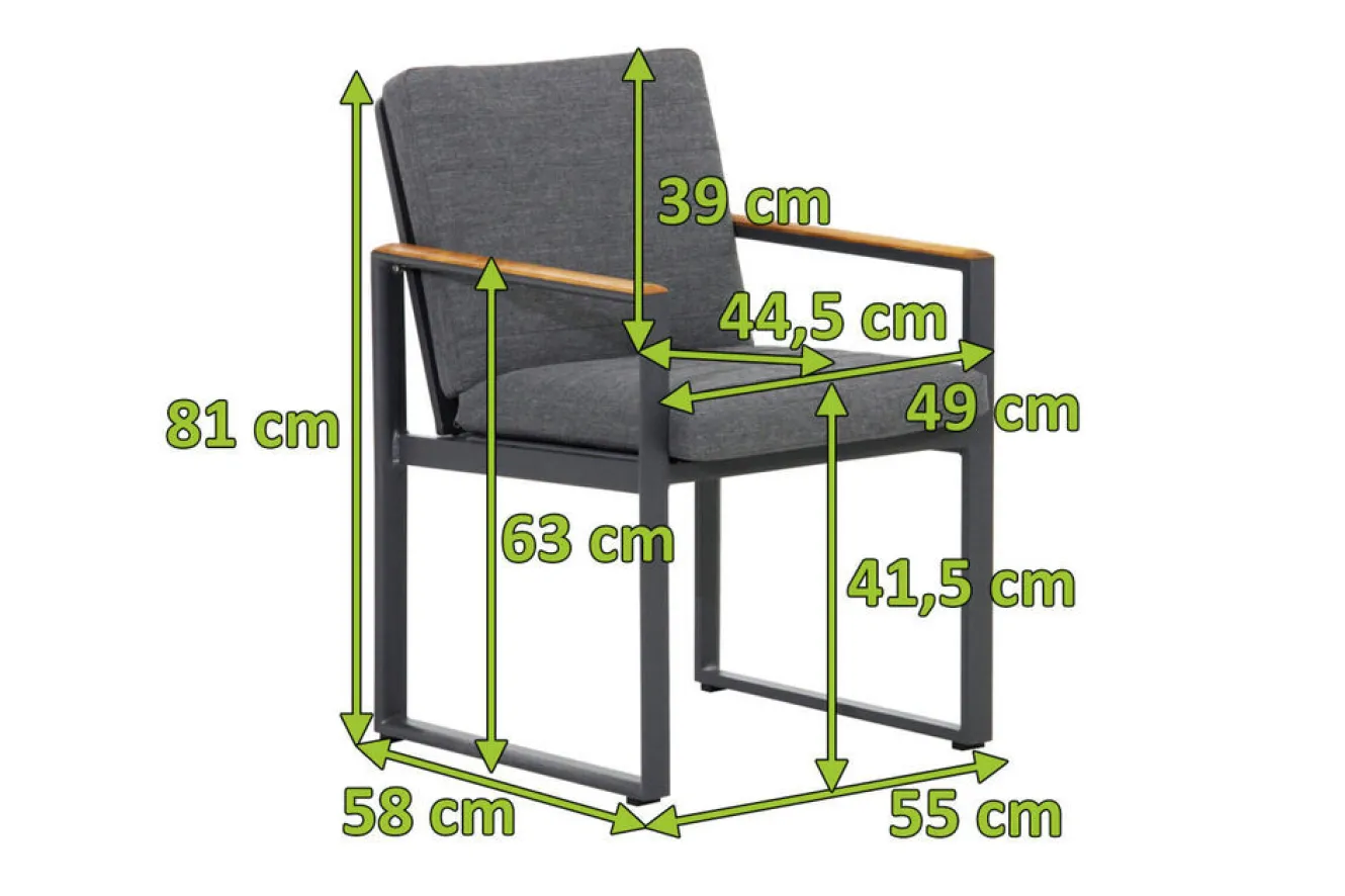 OUTFLEXX Alexander Stuhl, mattgrau, Alu/Teak, 58x55x81cm, mit Armlehnen, inkl. Polster