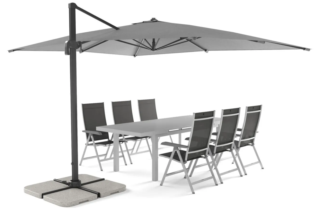 OUTFLEXX Almeria Gartenmöbel-Set Essgruppe inkl. Ampelschirm, anthrazit/silber, Alu/Textilene/Textilene, 180/240 x 100 cm, ausziehbar, klappbar, UV-beständig