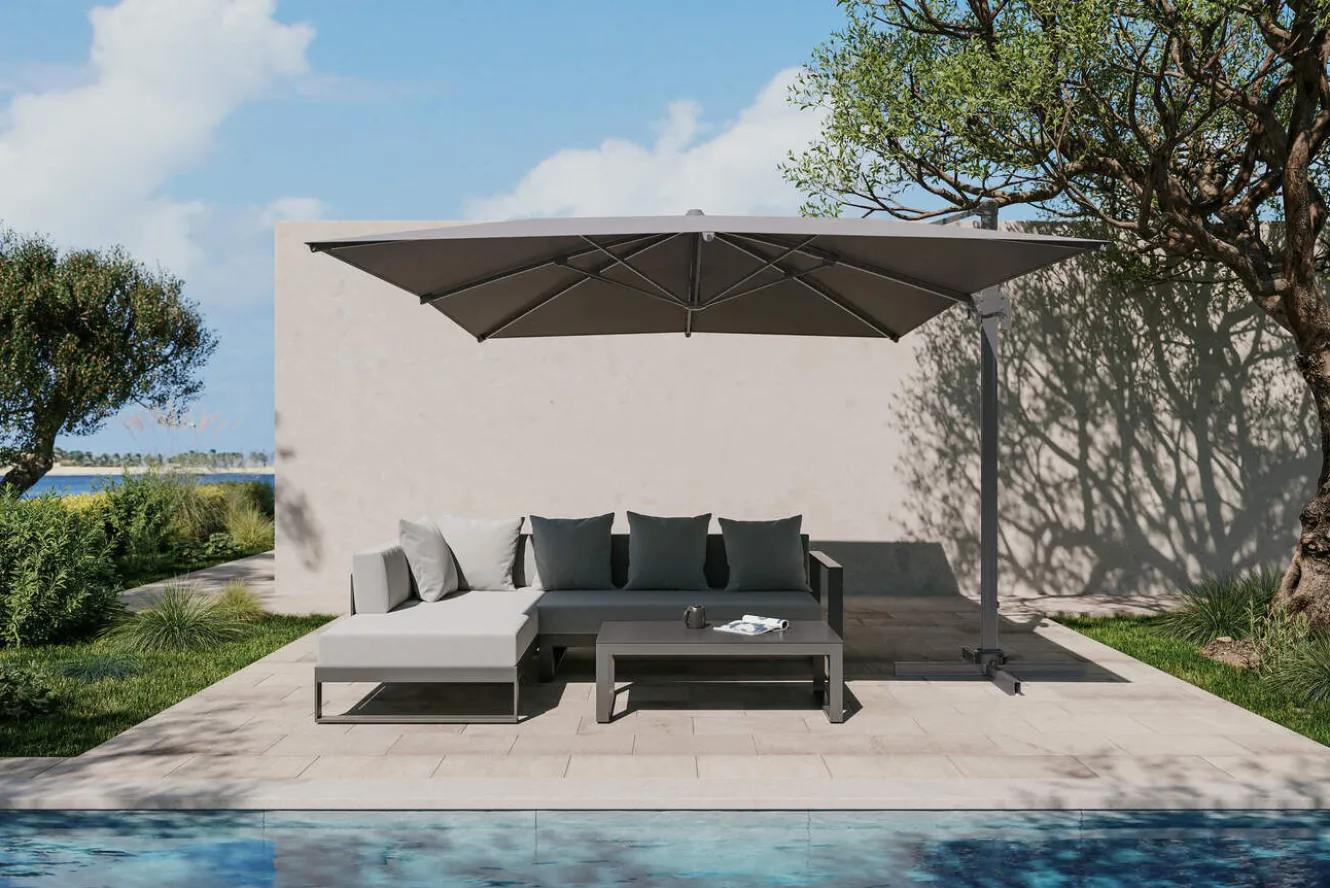 OUTFLEXX Almeria Gartenmöbel-Set Lounge inkl. Ampelschirm, anthrazit/grau, Alu/Glas, 400 x 300 cm, pulverbeschichtet, UV-Schutz, witterungsbeständig