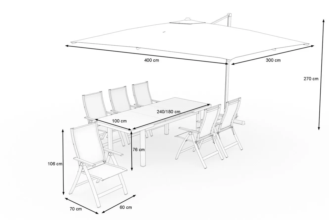 OUTFLEXX Almeria Gartenmöbel-Set Essgruppe inkl. Ampelschirm, anthrazit matt/grau, Alu/Edelstahl/Glas, 180/240 x 100 cm, ausziehbar, klappbar, UV-beständig