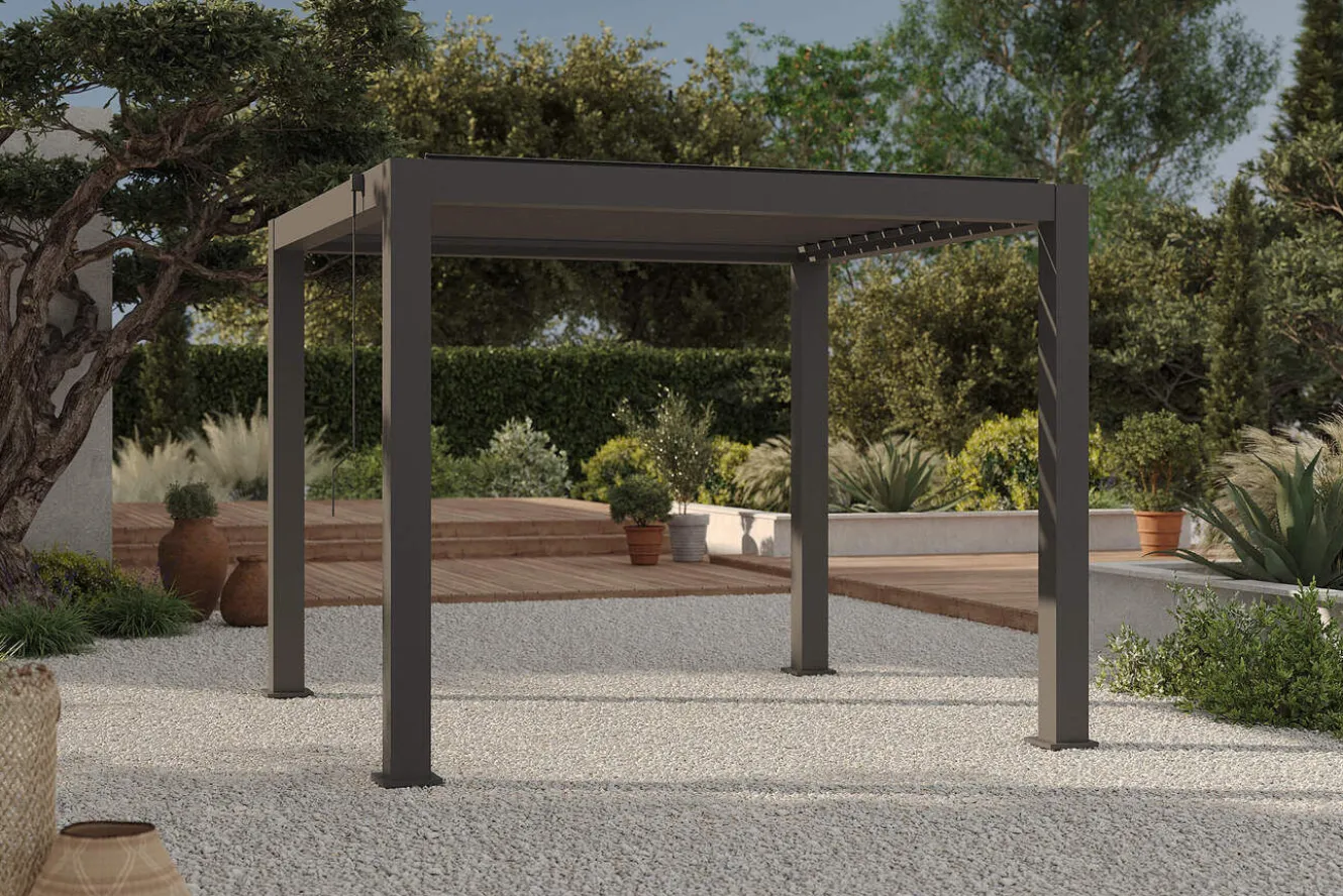 OUTFLEXX Antalya Lamellenpergola, schwarz, Alu pulverbeschichtet, 3 x 3 m, wetterfest, Lamellendach verstellbar