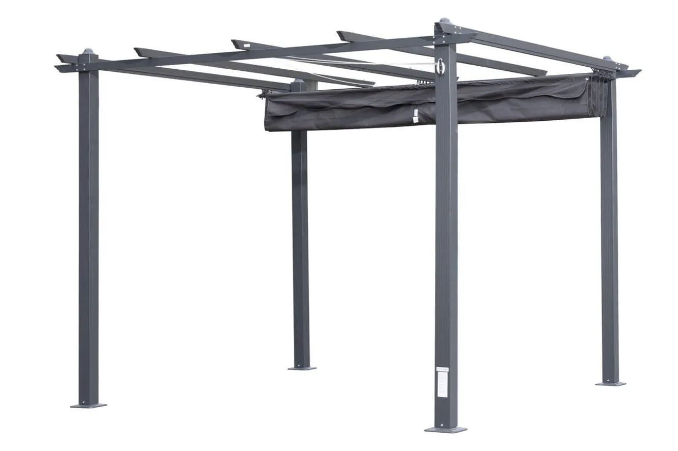 OUTFLEXX Antalya Pergola mit faltbarem Stoffdach, Anthrazit, Aluminium/Stahl/Polyester, 3 x 3 m, UV-Schutz 30+