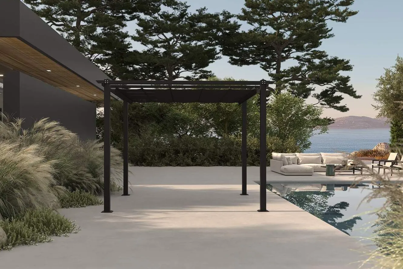 OUTFLEXX Antalya Pergola mit faltbarem Stoffdach, Anthrazit, Aluminium/Stahl/Polyester, 3 x 3 m, UV-Schutz 30+