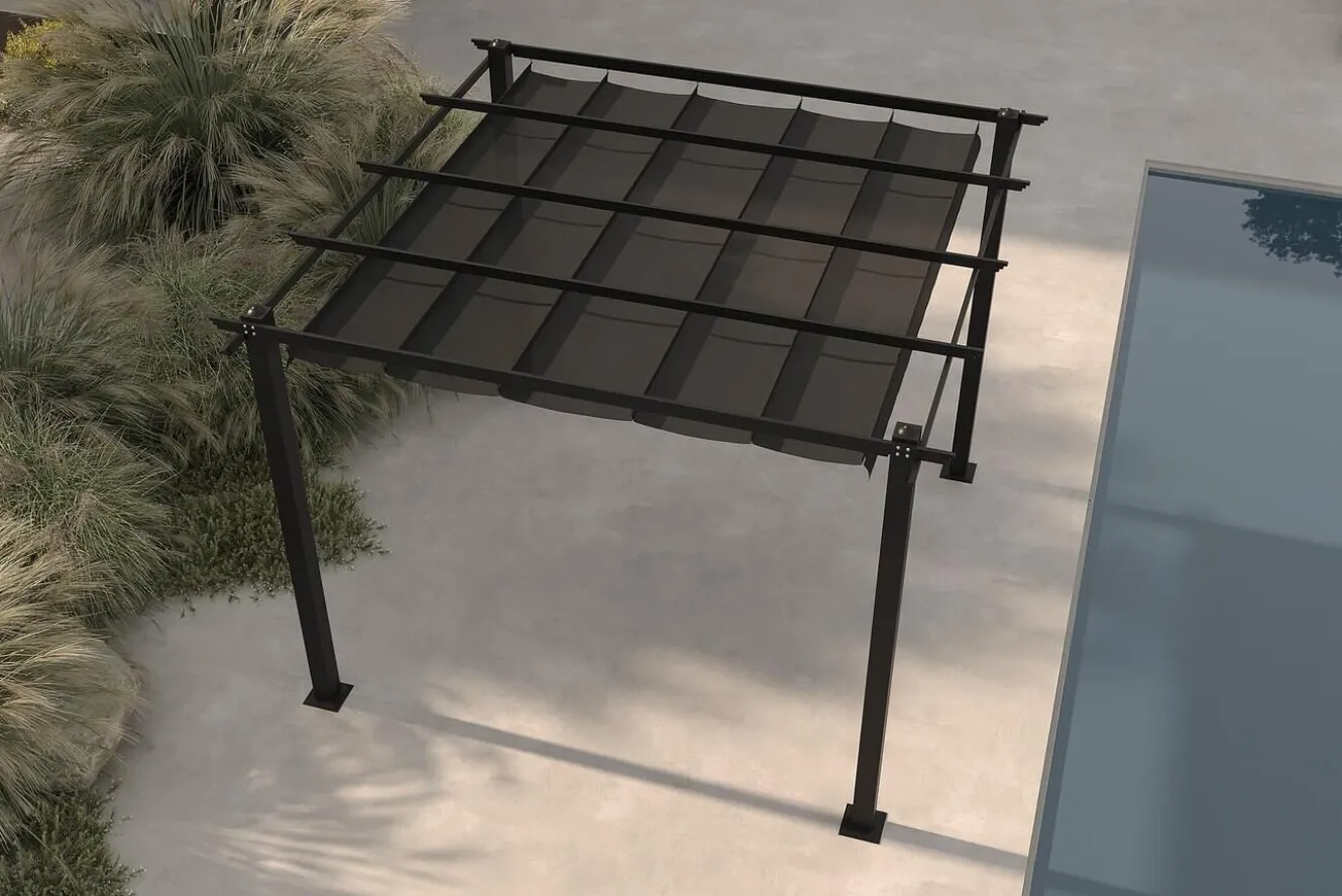 OUTFLEXX Antalya Pergola mit faltbarem Stoffdach, Anthrazit, Aluminium/Stahl/Polyester, 3 x 3 m, UV-Schutz 30+