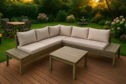 OUTFLEXX Arendal Ecklounge-Set, Vintage-Look, Polyrattan/Akazie, 4 tlg., 4-5 Pers., 75x75cm, inkl. Polster, FSC®-zertifiziertes Produkt