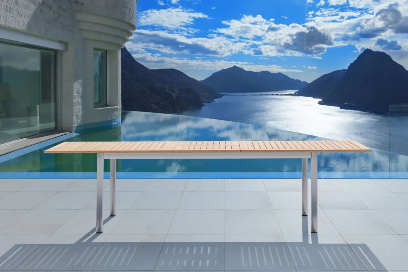 OUTFLEXX Ausziehtisch, Teakholz/Edelstahl, Plattenstärke 25mm, 200/300x100cm, FSC®-zertifiziertes Produkt