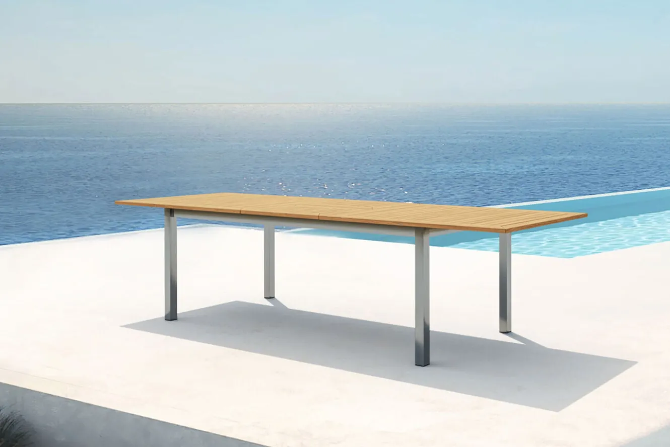 OUTFLEXX Ausziehtisch, Teakholz/Edelstahl, Plattenstärke 25mm, 200/300x100cm, FSC®-zertifiziertes Produkt
