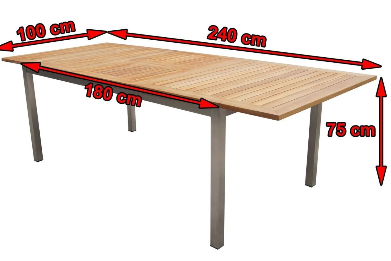 OUTFLEXX Ausziehtisch, Teakholz/Edelstahl, Plattenstärke 25mm, 180/240x100cm, FSC®-zertifiziertes Produkt