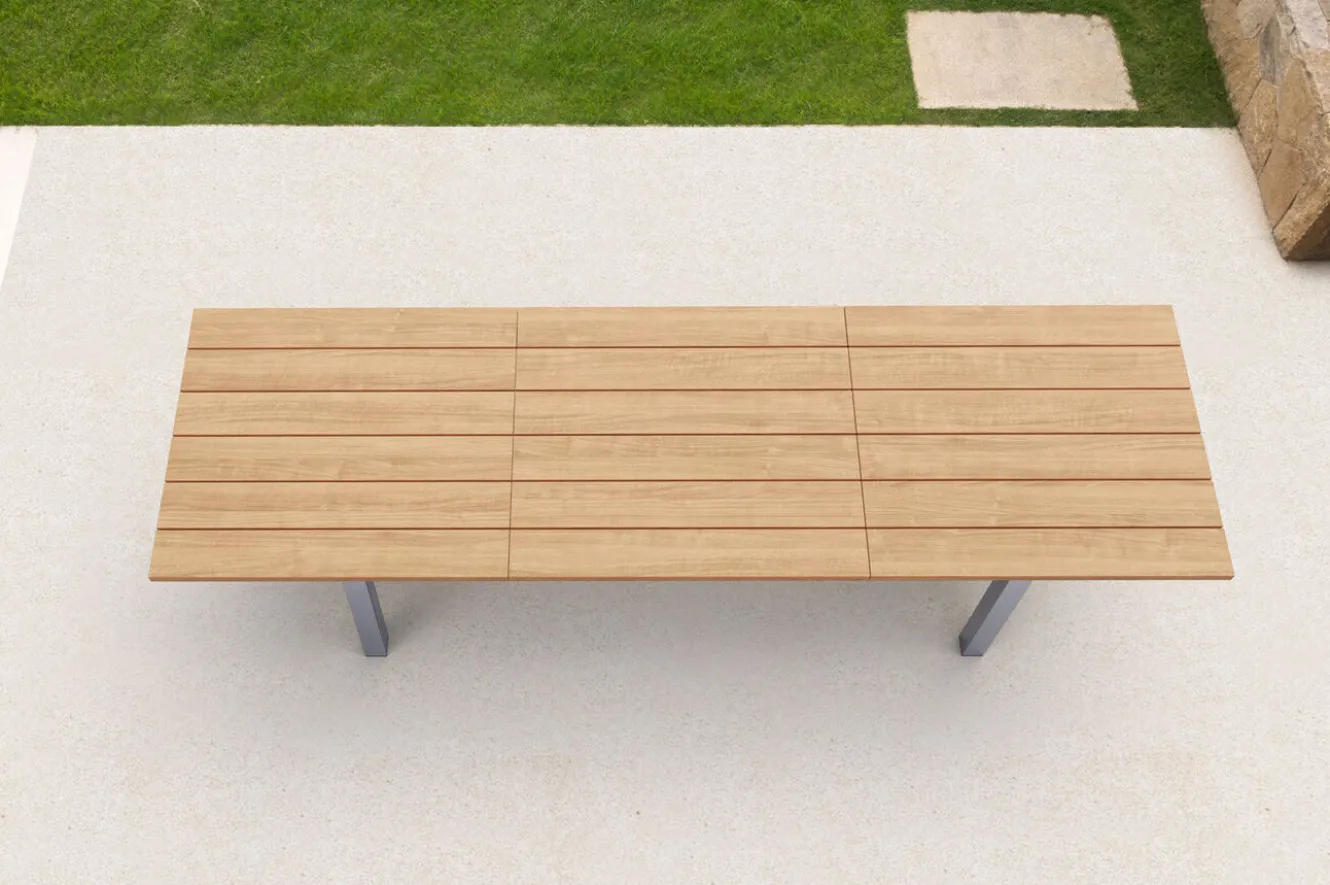OUTFLEXX Ausziehtisch, Teakholz/Edelstahl, Plattenstärke 25 mm, 220/340 x 100 cm, FSC®-zertifiziertes Produkt