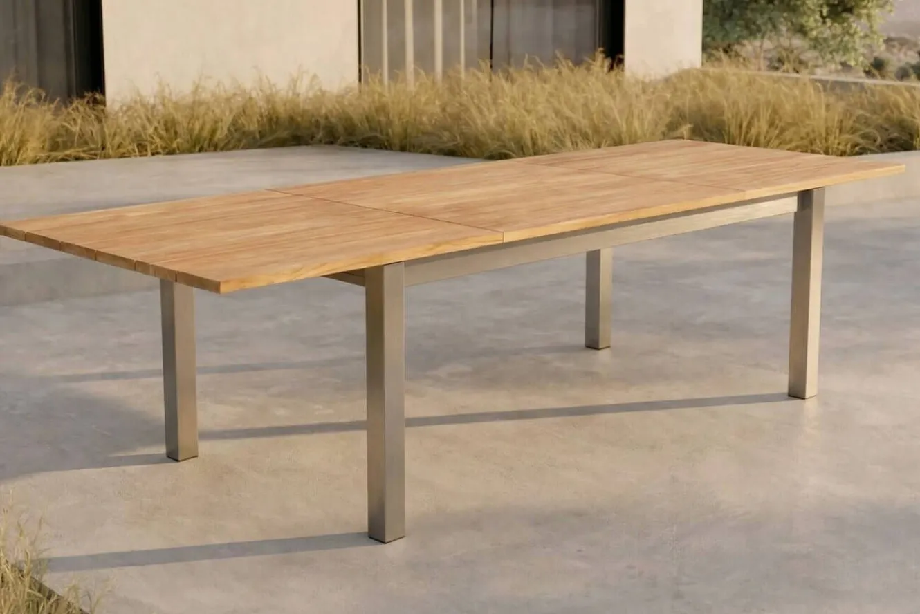 OUTFLEXX Ausziehtisch, Teakholz/Edelstahl, Plattenstärke 25 mm, 220/340 x 100 cm, FSC®-zertifiziertes Produkt