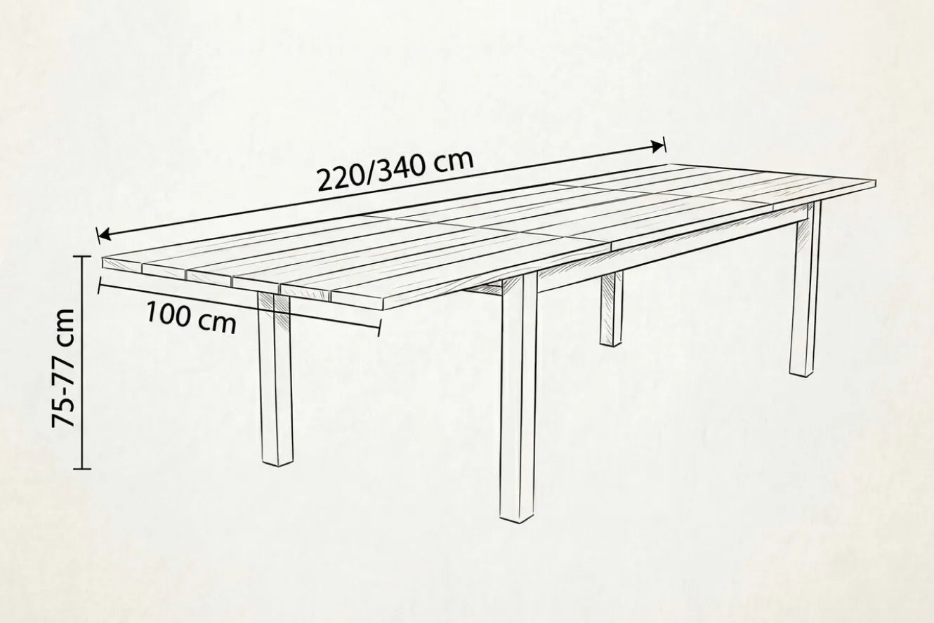 OUTFLEXX Ausziehtisch, Teakholz/Edelstahl, Plattenstärke 25 mm, 220/340 x 100 cm, FSC®-zertifiziertes Produkt