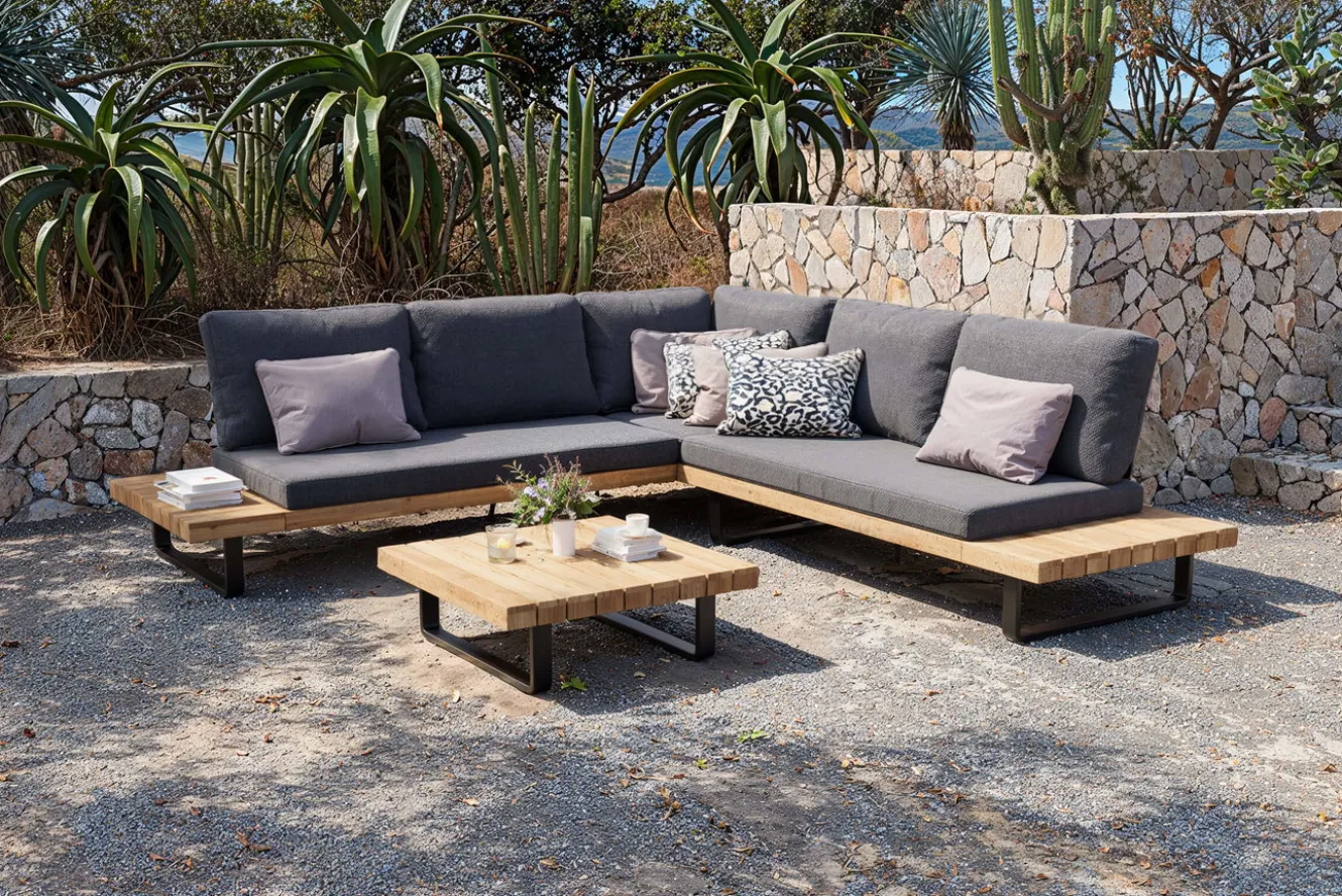 OUTFLEXX Bahamas Ecklounge für 5-6 Personen, anthrazit, Aluminium/Akazie, Kaffeetisch 77 x 77 cm, FSC®-zertifiziertes Produkt