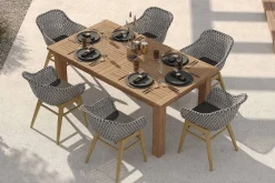 OUTFLEXX Bali Garten-Essgruppe mit 6 Dining Sesseln, schwarz/weiß/natur, Akazie/Polyrattan, 180/220/260 x 100 cm, FSC®-zertifiziertes Produkt