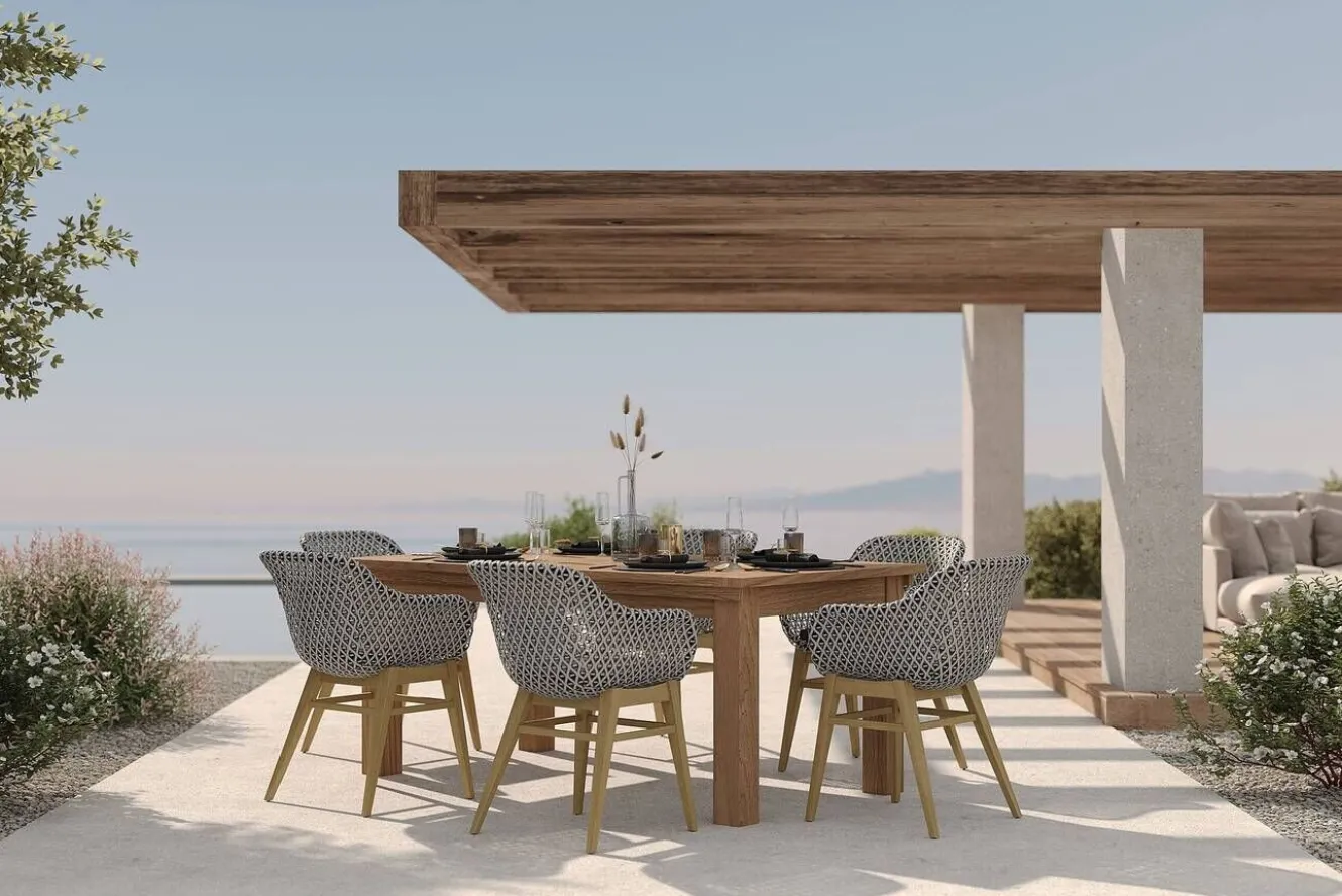 OUTFLEXX Bali Garten-Essgruppe mit 6 Dining Sesseln, schwarz/weiß/natur, Akazie/Polyrattan, 180/220/260 x 100 cm, FSC®-zertifiziertes Produkt